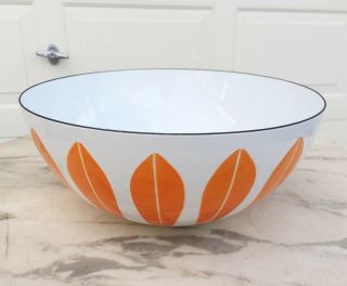 Vintage Mcm Cathrineholm Enamelware 11” Bowl In White W/ Orange Lotus Pattern