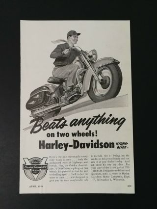 Vintage 1954 Harley - Davidson Hydra - Glide Motorcycle Full Page Ad