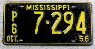 1956 Yellow On Black Mississippi License Plate