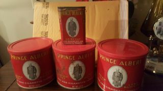 4 Vintage Prince Albert Red Metal Cans.  Tin Crimp Cut Pipe Cigarette Tobacco