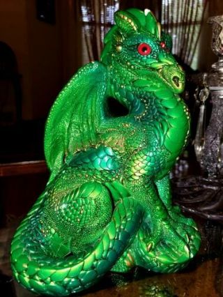 Windstone Editions Large male Dragon Emerald & gold color Jeweled Pena 86 signed 8