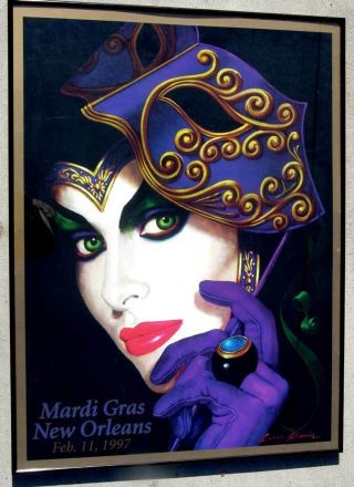 Mardi Gras Orleans Larry Harris 1997 Poster Festive & Dramatic Framed Glass