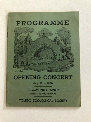 Vintage 1936 Programme Opening Concert Toledo Zoological Society