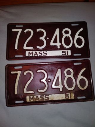 1951 Nearly Ma Massachusetts License Plate Pair
