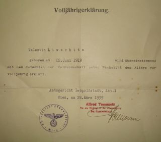 Jewish Judaica Austria Wien Lifshitz Certificate 1939 Ww2 Nazi Third Reich Stamp