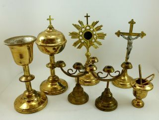 Small Brass Church Altar Set Candlestick Chalice Ciborium Monstrance Crucifix