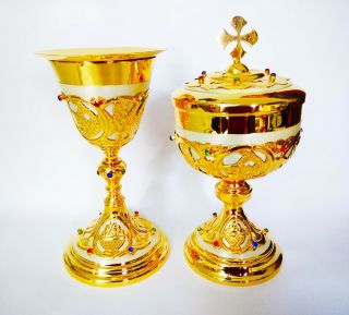 Chalice & Ciborium Set Large Brass Gold Plated Church Holy Church Gift Usyb49