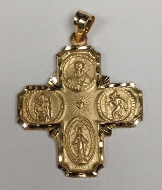 M - 24 Large 14kt Yellow Gold Double Sided Four Way Medal Religious Pendant