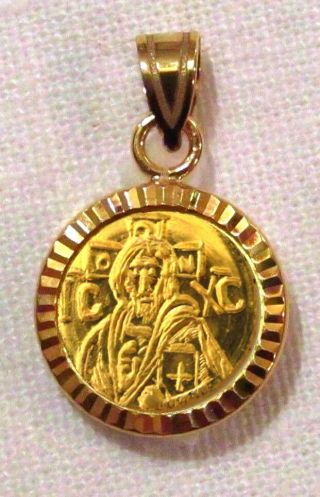 Solid 22k Gold Christ Coin Byzantine Icon Pendant 14k Diamond Cut Bezel