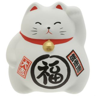 Chubby Fat White Good Fortune Lucky Kitty Cat Neko Folkart Zen Ornament 590 - 240