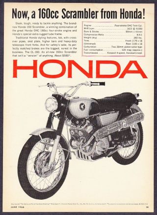1966 Honda 160 Scrambler Motorcycle Photo " Sleek & Tough " Vintage Print Ad