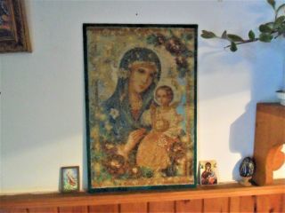 Gobelin Tapestry Intarsia Wood Inlaid Micro Mosaic Virgin Mary With Baby Jesus