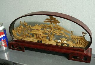 Vintage Wood Glass & Cork Asian Diorama Shadow Box Zen Garden With Pagoda Birds