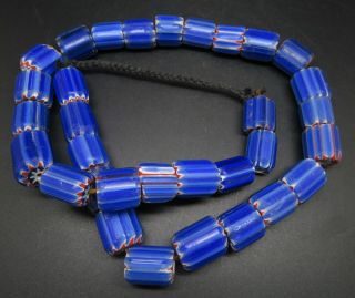 Vintage Ethnic Tribal Big Blue Stripe Chevron Glass Trade Beads Necklace