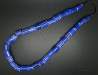 Vintage Ethnic Tribal Big Blue Stripe Chevron Glass Trade Beads Necklace 2