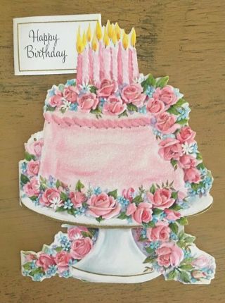 Pink Birthday Cake Die Cut Glitter Card Flowers Hallmark Vintage Signed