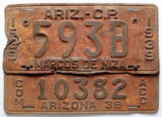 Arizona 1939 Pima County Commercial Truck License Plate With Acc Attachment