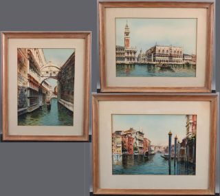 3 Vintage Signed Italian Venice Italy Venetian Canal Harbor Watercolor Paintings