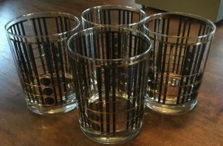 4 Georges Briard Rocks Glasses Gold & Black Dot Stripes Mid Century Mod Atomic