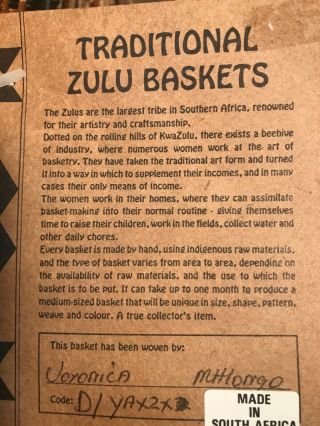 African Zulu Ukhamba Basket 26”X18” Lrg Hand Woven S.  African Tribal Estate Item 11