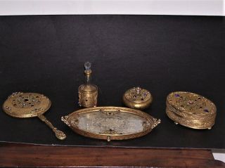 Apollo Dresser Set Jeweled Gold Finish Tray Mirror Perfume Two Covered Boxes