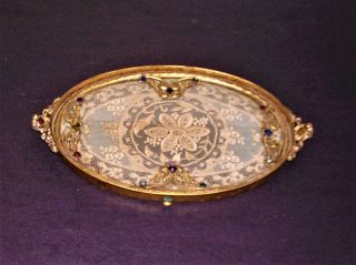 APOLLO Dresser Set Jeweled Gold Finish Tray Mirror Perfume Two Covered Boxes 8