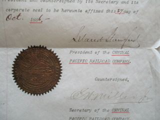 Moving Central Pacific Rr Document 1886 Signed Leland Stanford
