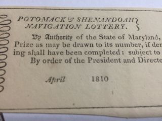 V Rare 1810 Potomac & Shenandoah Navigation Lottery Ticket.  G Washington Related 3