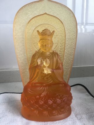 Amber Color Sit Kwan - Yin With Lotus In Hand Art Glass Crystal Sculpture Statue