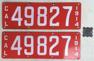 California 1914 License Plates Porcelain Pair With Matching Tab