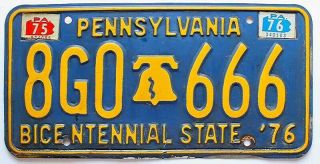 Pennsylvania 1975 1976 Bicentennial Liberty Bell License Plate,  666 Triple