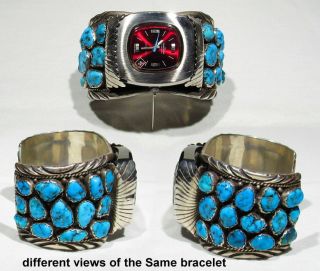 Huge Old Signed Navajo Turquoise 169g 925 Silver Red Pencron Mans Watch Bracelet