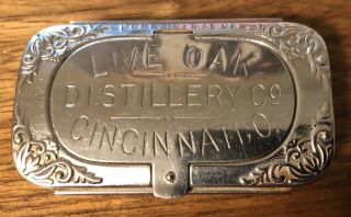 Rare 1892 Live Oak Distillery Co.  Match Safe & Stamp Holder,  Cincinnati,  Ohio