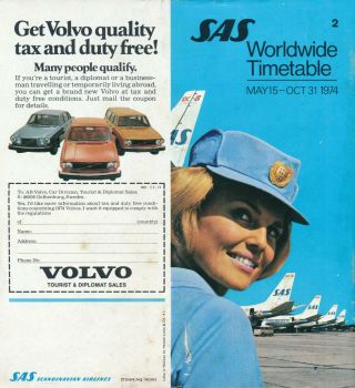 Sas Scandinavian Airlines - Worldwide Timetable May 15 - Oct 31,  1974