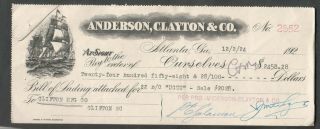 1924 Illustrated Check Anderson Clayton & Co Atlanta Ga Clifton Mfg Co Sc