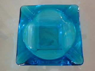 Vintage Mid Century Retro Turquoise Teal Blue Square Glass Ashtray 2