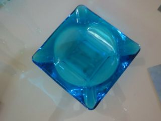 Vintage Mid Century Retro Turquoise Teal Blue Square Glass Ashtray 5