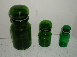 3 Vintage Mcm Green Glass Apothecary Jars Made In Belgium Rubber Stopper Lids