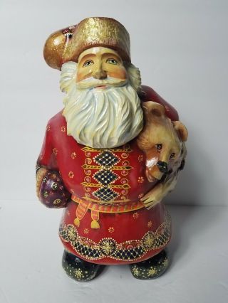 Russian Wood Santa Tree Stump Holding Bear Hand Carved Painted Signed 2005 11 "