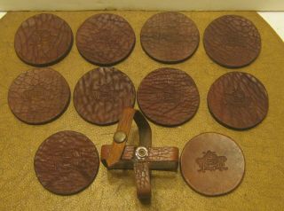 Set Of 10 Antique Leather Coasters Mount Kenya Safari Club Embossed Logo Nr