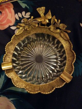 Vintage Matson Glass Ashtray Gold Rim With Bird And Flowers Very Pretty