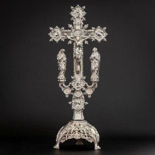 Altar Crucifix | Jesus Virgin Mary St John | Matthew Mark Silvered Metal 18 "