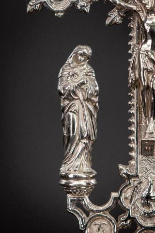 Altar Crucifix | Jesus Virgin Mary St John | Matthew Mark Silvered Metal 18 