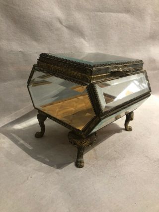 Antique Vanity Dresser French Jewelry Box Gold Guilt Beveled Glass On Feet