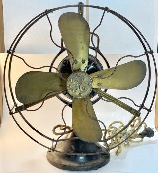 Antique 12” Brass Blade Brass Cage Ge Continuous Oscillator Fan No.  815198