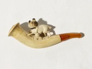 Antique Pug Type Dog Carved Meerschaum Cheroot Pipe a/f Amber Stem 3