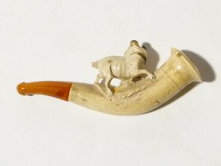 Antique Pug Type Dog Carved Meerschaum Cheroot Pipe a/f Amber Stem 4