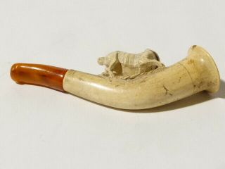 Antique Pug Type Dog Carved Meerschaum Cheroot Pipe a/f Amber Stem 8