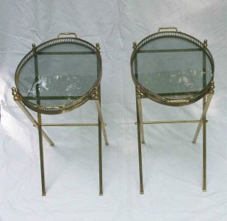 Pair Hollywood Regency Mcm Brass Folding Side Tables With Glass Gallery Trays
