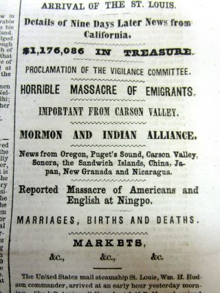 4 1857 Newspapers W Mountain Meadows Massacre Of Wagon Train By Mormons In Utah